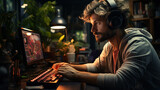 Man with a headphones using computer.