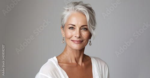 Adult woman with smooth healthy face skin. Beautiful aging mature woman with gray hair and happy smiling touch face. Beauty and cosmetics skincare advertising concept © Ron Dale