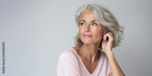 Beautiful woman with smooth healthy face skin. Gorgeous aging mature woman with long gray hair and happy smiling. Beauty and cosmetics skincare advertising concept.