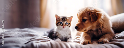 Cute little kitten and puppy lying on bed at home