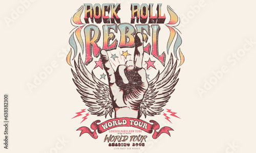 Music world tour poster. Rock star artwork. Eagle with thunder artwork. Born to be free. Rock and roll vector graphic print design for apparel, stickers, posters, background and others. Rock hand.
