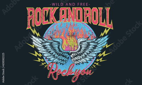 Rock and roll vector graphic print design for apparel, stickers, posters, background and others. Wild and free. Eagle wing with fire music poster.