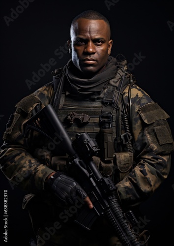 A black male mercenary, photo-realistic elite forces on black with copy space