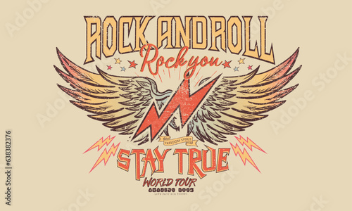 Stay true. Rock you. Music world tour. Rock and roll vector graphic print design for apparel, stickers, posters, background and others. Wild and free. Guitar music poster. Thunder with star artwork.
