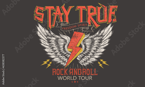 Stay true. Freedom sprite. Music world tour. Rock and roll vector graphic print design for apparel, stickers, posters, background and others. Wild and free. Eagle wing with fire music poster.