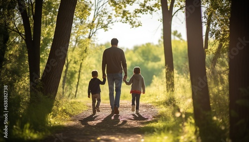 A man walks with his children on a path with the sun shining