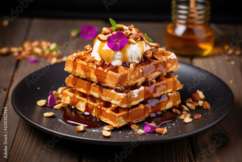 Viennese waffles with honey and nuts with ice cream