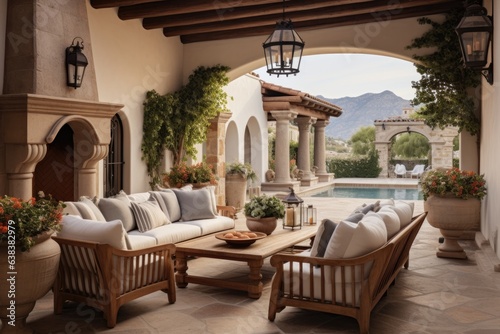Open patio in Mediterranean style with comfortable armchairs