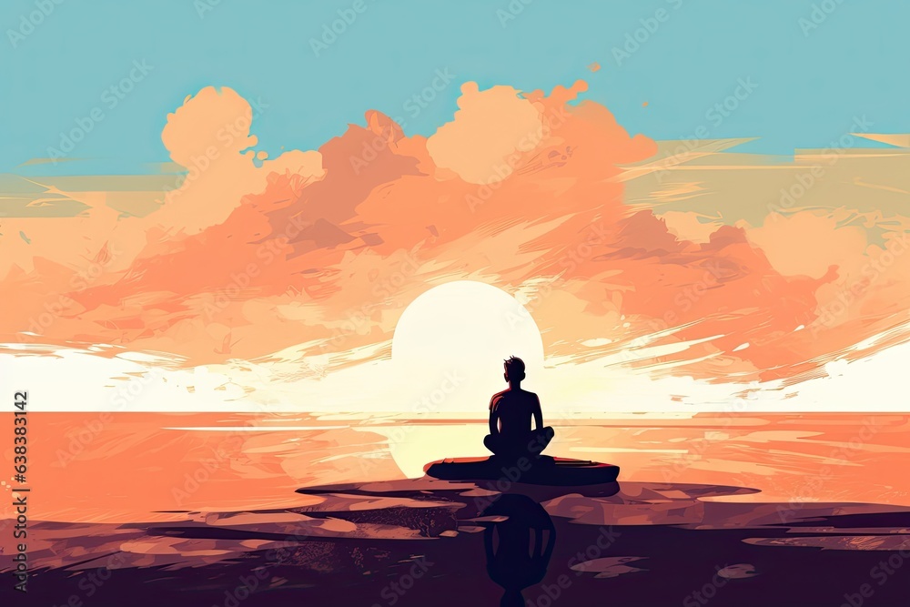 person silhouette in meditation yoga pose on beautiful sunset by the ocean illustration