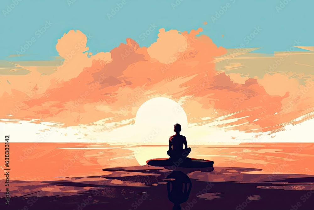 person silhouette in meditation yoga pose on beautiful sunset by the ocean illustration person silhouette in meditation yoga pose on beautiful sunset by the ocean illustration