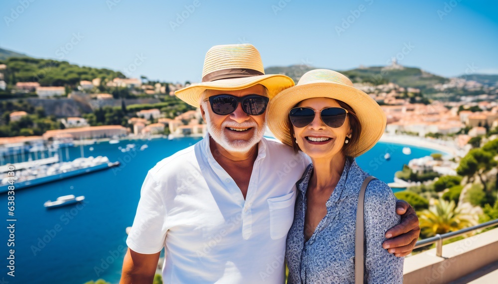 Active senior couple traveling French Riviera