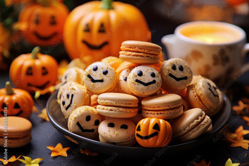 Appetizing and cute macaroons decorated to halloween as smiling pumpkins