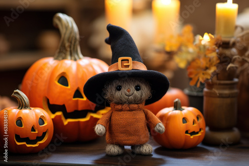 Halloween postcard with cute smiling needle felted kitten in hat of witch