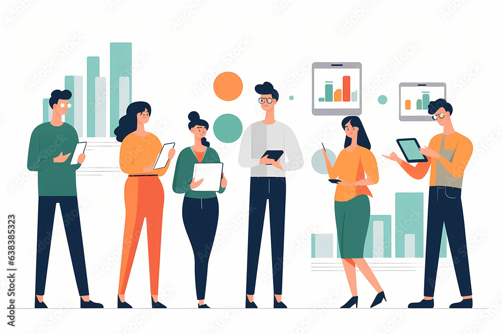 A group of people among graphs and charts, AI Generative A group of people among graphs and charts, AI Generative