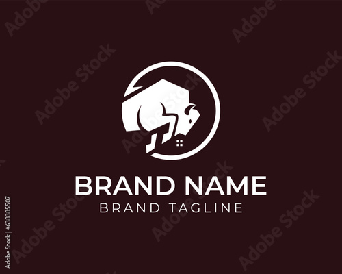 buffalo or Bison home logo. home furnishing and real estate template design. combination from buffalo and home. strong roofing logo.