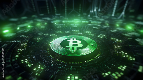 Finances digital dawn Witness the birth of a new financial era through the lens of a virtual green Bitcoin logo against a backdrop of dynamic matrix code