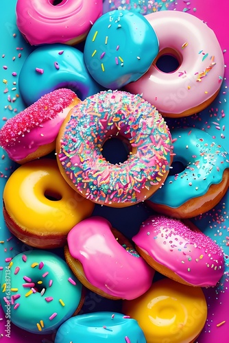 Delicious sweet donuts with colorful icing and sprinkles.