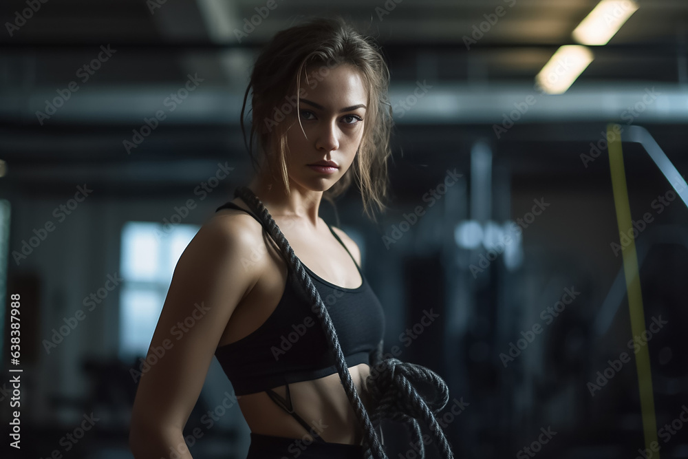Battle ropes exercise. Strong woman exercising with battle ropes at the gym. Athlete doing battle rope workout at gym. Generative AI.