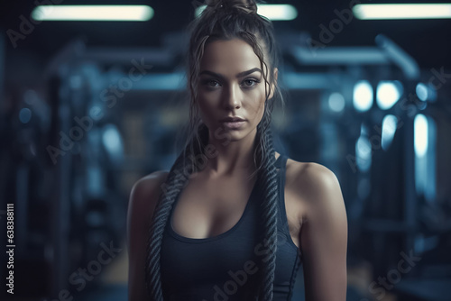 Battle ropes exercise. Strong woman exercising with battle ropes at the gym. Athlete doing battle rope workout at gym. Generative AI.