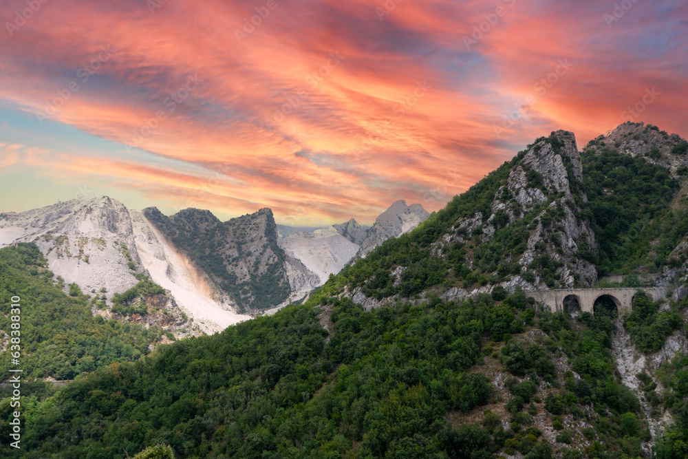 Sunset in the Marble Mountains of Carrara in Tuscany, Italy