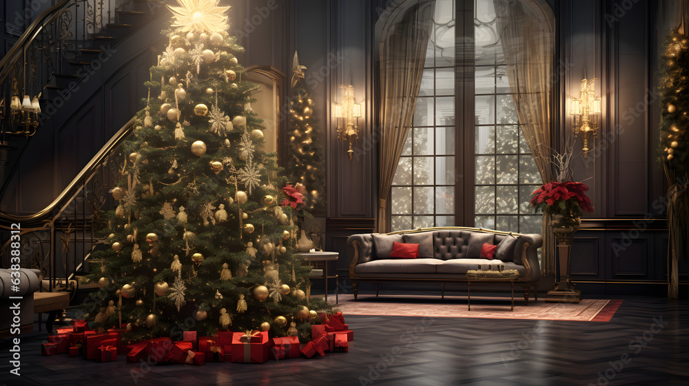 Holiday Fir Decorated with Decorations and Gleaming Indistinct Lights Holiday Fir Decorated with Decorations and Gleaming Indistinct Lights