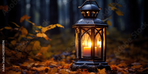 Decorative candle lantern in the ground with fallen autumn leaves. Blurred forest trees in the background.