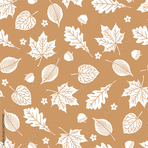 Simple leaves, flowers and acorn autumn pattern. Elegant print for the banner.
