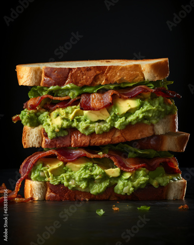 avocado sandwich with bacon close up on black background