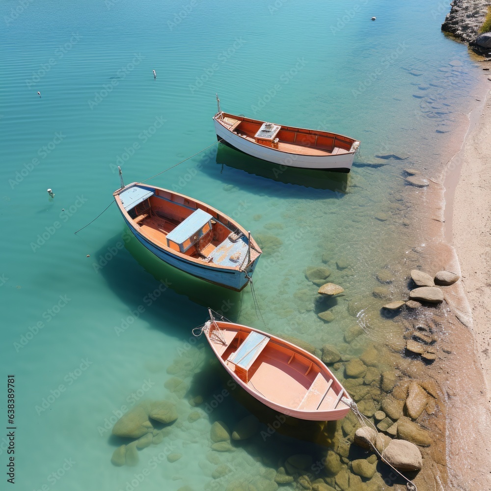  Summer beach with reef, sunny day and calm sea, fishing boats sail the ocean