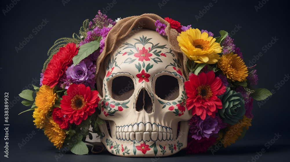 Flower-Adorned Mexican Catrina Skull Flower-Adorned Mexican Catrina Skull