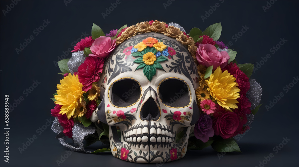 Flower-Adorned Mexican Catrina Skull