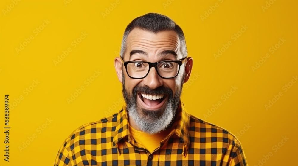Senior man smile at the camera, showing funny laugh expression. Yellow shirt and background, studio shot. Generative AI Senior man smile at the camera, showing funny laugh expression. Yellow shirt and background, studio shot. Generative AI