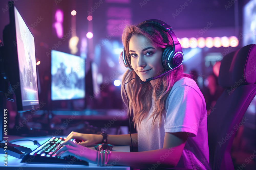 Portrait of a gamer girl with headphones and microphone playing online video games on her personal computer. Esport online gaming technology concept with warm LED neon lights in the room. 