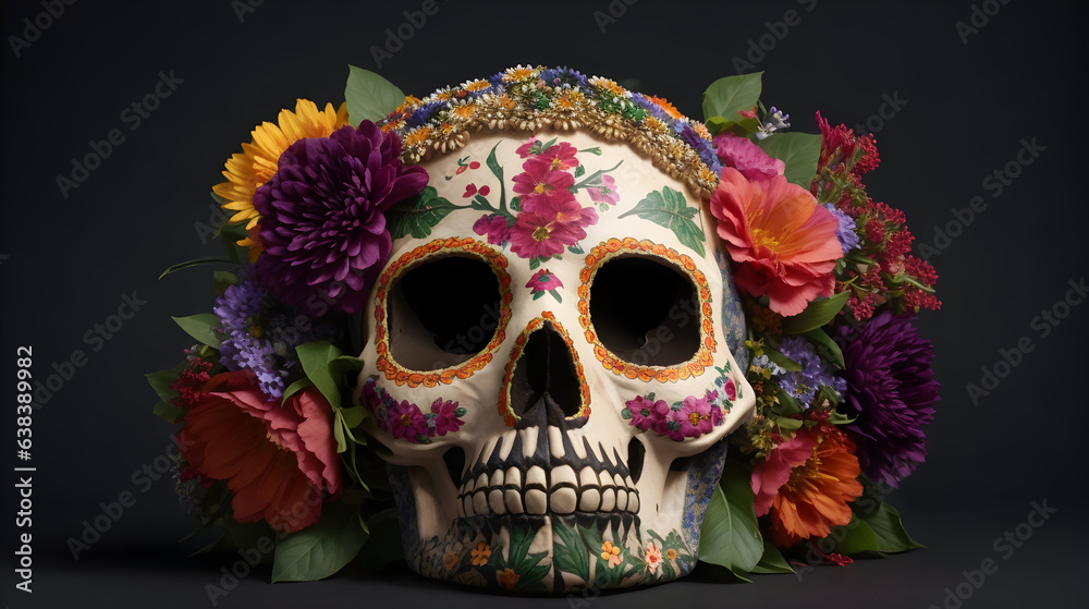 Flower-Adorned Mexican Catrina Skull