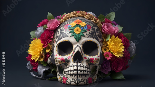 Flower-Adorned Mexican Catrina Skull