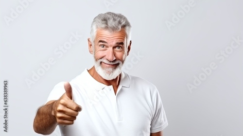 Senior man showing thump's up. White shirt and gray background, studio shot. Generative AI