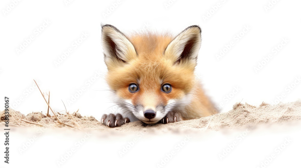 Fototapeta premium Playful red fox cub photo realistic illustration - Generative AI.