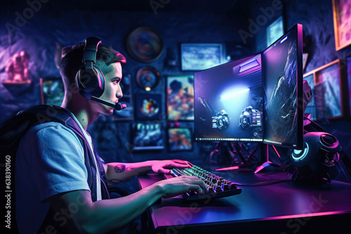 Portrait of a gamer boy with headphones and microphone playing online video games on his personal computer. Esport online gaming technology concept with warm LED neon lights in the room. 