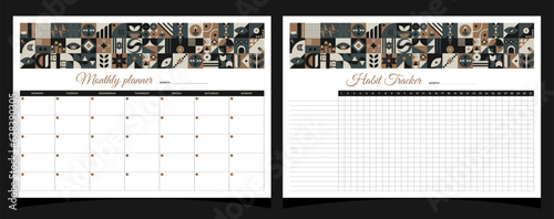 Planners set geometry. Monthly and habit tracker planners. Planners printable template with geometric shapes. Blank white notebook page A4. Vector illustration.