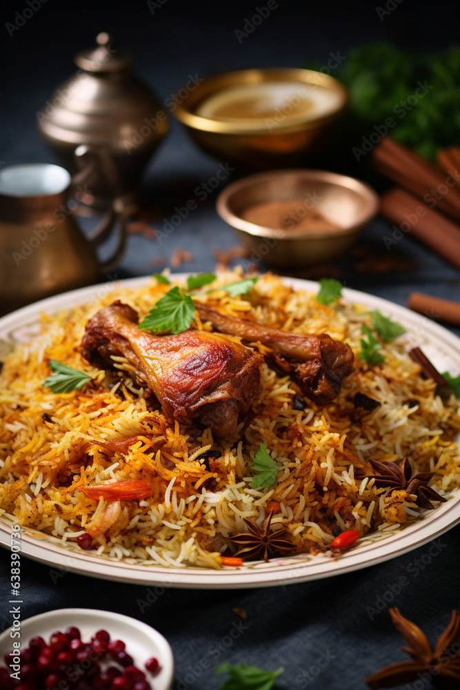 A plate of Biryani with Meat and sauces. A plate of Biryani with Meat and sauces.