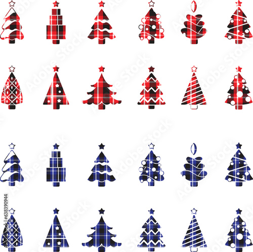 Set of different Christmas tree hand drawn silhouettes with Classic Buffalo Plaid Lumberjack ornament. Red and black checkered flannel print different fir tree collection. Winter holidays, Christmas