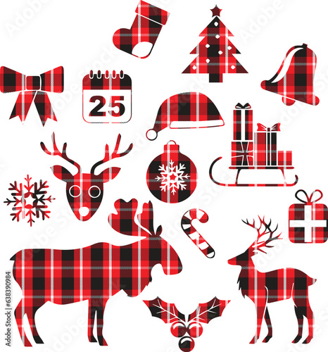 Christmas doodle animals set. Buffalo plaid collection with Santa, xmas bear, deer, snowman, gnome and flamingo.