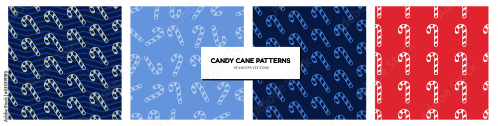 Seamless Candy Cane Patterns. Set of Blue and red candy cane patterns on colored backgrounds. Perfect for gift wraps, wrapping paper, prints, backdrops. Vector Illustration. Seamless Candy Cane Patterns. Set of Blue and red candy cane patterns on colored backgrounds. Perfect for gift wraps, wrapping paper, prints, backdrops. Vector Illustration.