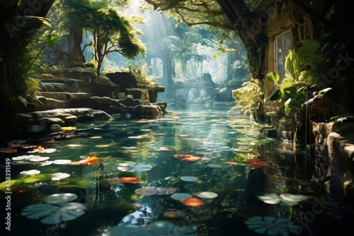 Serene Garden Pond with Koi Fish Gliding Through the Crystal-clear Water  Generative AI