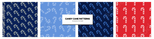 Seamless Candy Cane Patterns. Set of Blue and red candy cane patterns on colored backgrounds. Perfect for gift wraps, wrapping paper, prints, backdrops. Vector Illustration. 