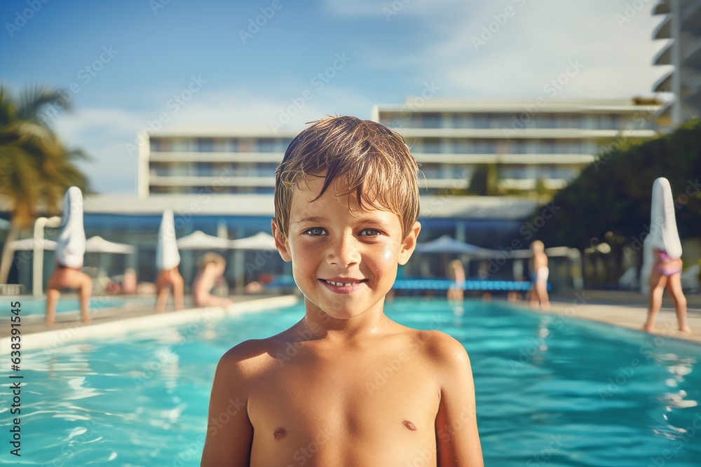 Portrait of a cute little boy in swimming pool at summer vacation