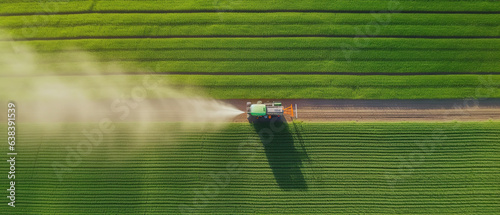 Tractor spraying pesticides fertilizer on soybean crops farm field photo