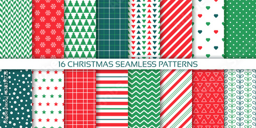 Christmas seamless pattern. Xmas backgrounds. Prints with zigzag, polka dot, snowflake, stripes and plaid. Set New year holiday textures. Red green wrapping paper. Festive design. Vector illustration