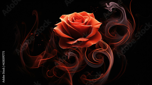 Red rose and swirl smoke around black background