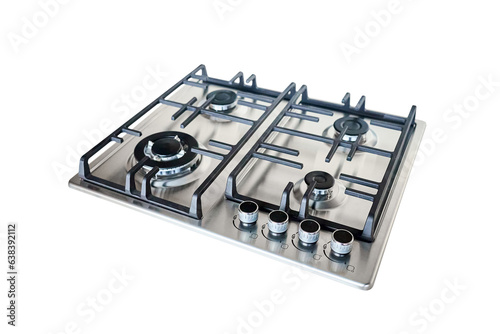 Modern hob gas or gas stove made of stainless steel using natural gas or propane for cooking products, isolated on white background.